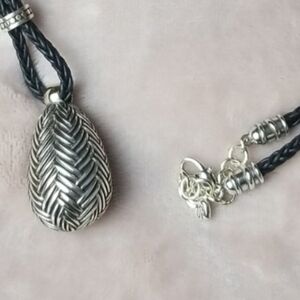 Brighton Braided Black Leather Cord Silver Pl Woven Egg‎ Pendant Necklace